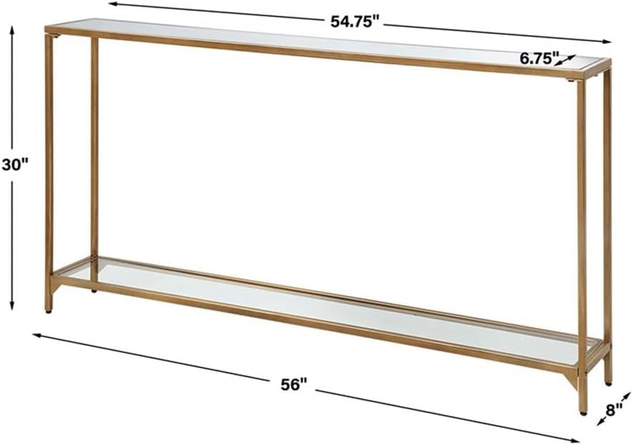 MAKLAINE Contemporary Metal Console Table, 56 in Wide, Mirrored Top with Tempered Glass Shelf, Gold Finish, Slim Modern Design for Foyer or Limited Space Use