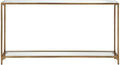 MAKLAINE Contemporary Metal Console Table, 56 in Wide, Mirrored Top with Tempered Glass Shelf, Gold Finish, Slim Modern Design for Foyer or Limited Space Use