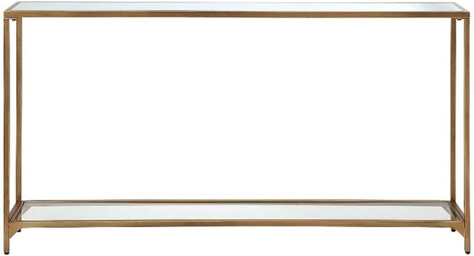 MAKLAINE Contemporary Metal Console Table, 56 in Wide, Mirrored Top with Tempered Glass Shelf, Gold Finish, Slim Modern Design for Foyer or Limited Space Use