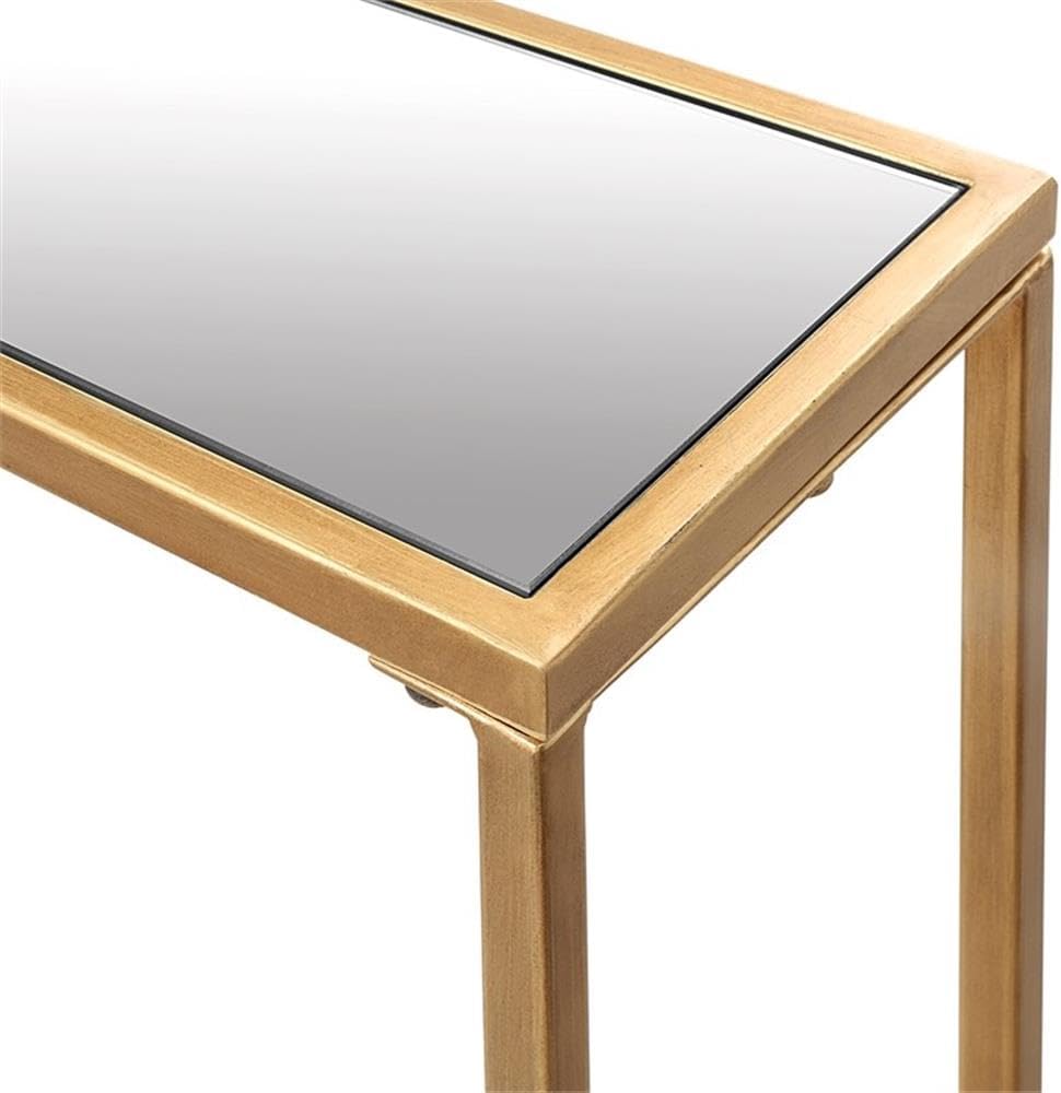MAKLAINE Contemporary Metal Console Table, 56 in Wide, Mirrored Top with Tempered Glass Shelf, Gold Finish, Slim Modern Design for Foyer or Limited Space Use
