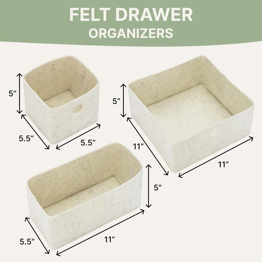 Parker Baby Felt Drawer Organizers 3 Pack | Versatile & Sturdy Nursery Organizers for Drawers | Extra-Durable and Collapsible Soft Felt Drawer Storage Bins w/Soft Edges | Heathered White, 3 Pack
