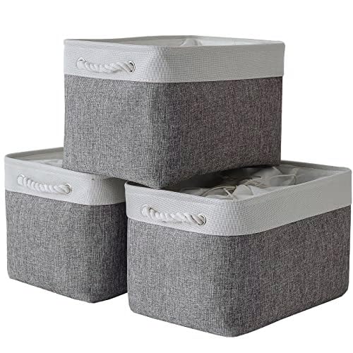 TheWarmHome Storage Basket for Organizing - 15.7x11.8x8.2 inch Large 3 Pack Collapsible Storage Bins for Shelves, Fabric Storage Cubes for Gift Closet Linen Organization (White & Grey)