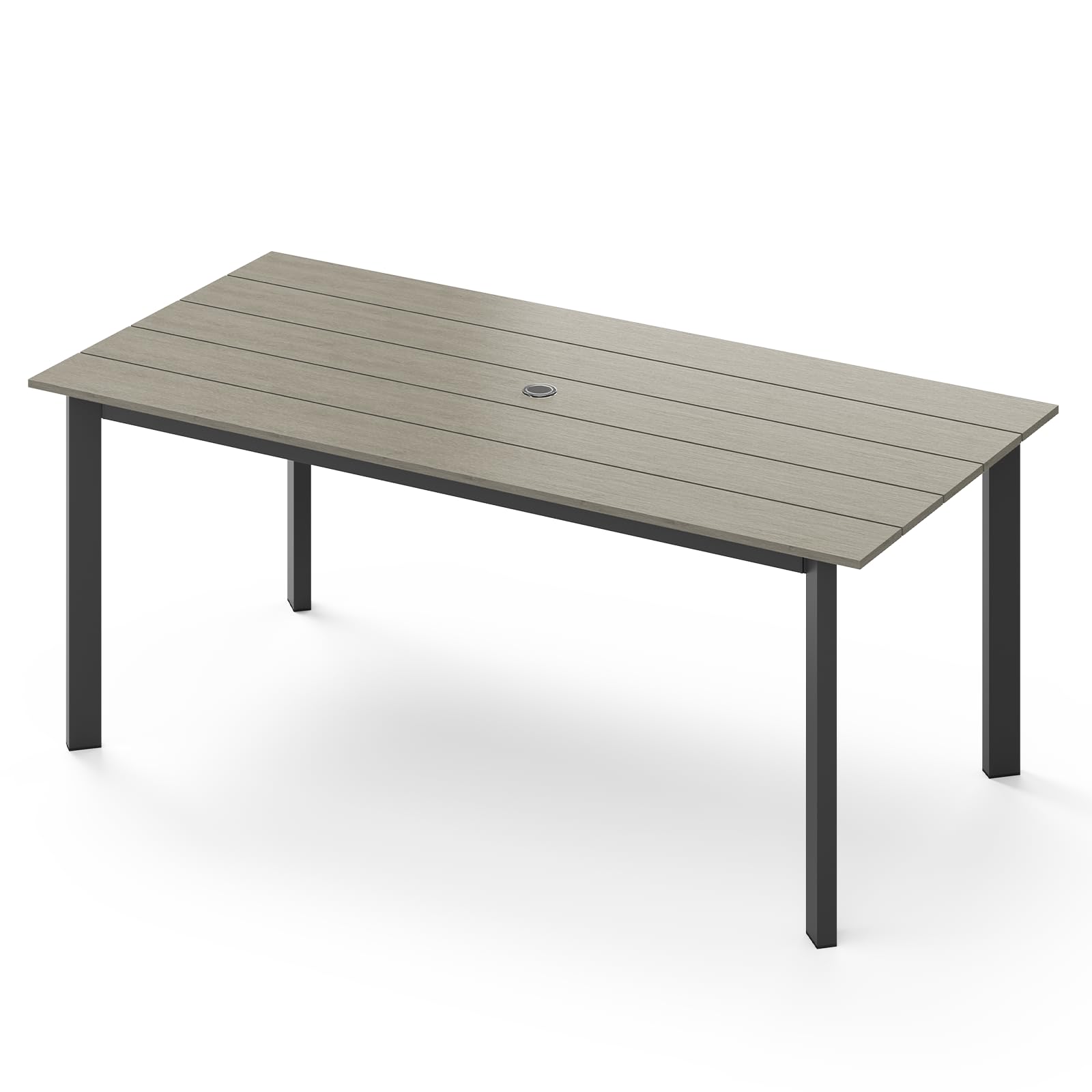 Outdoor Dining Set, Patio Table and Chairs Set with Umbrella Hole, 7 Pieces HDPS + Aluminum Patio Dining Furniture Set for Backyard, Garden (Gray & Teak)