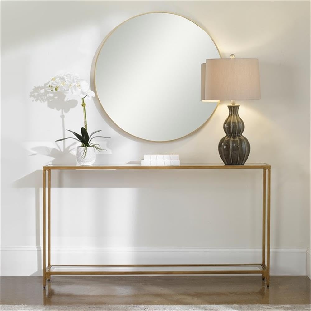 MAKLAINE Contemporary Metal Console Table, 56 in Wide, Mirrored Top with Tempered Glass Shelf, Gold Finish, Slim Modern Design for Foyer or Limited Space Use