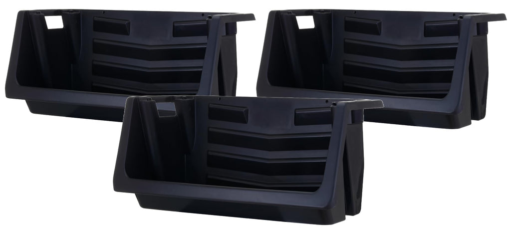 Mighty Tuff Jumbo Stackable Storage Bins, Pack of 3, Easy-Access Storage, Large Easy-to-Grip Handles, Wide Front Opening, Interlocking, Stack Vertically, Black
