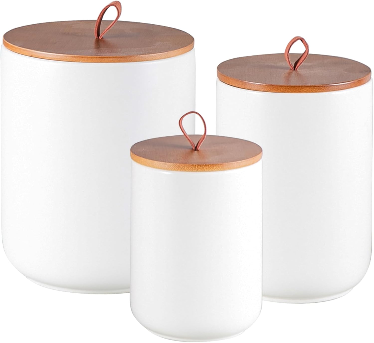 Mowtanco Ceramic Canister Set (30 oz, 48 oz, 82 oz) – White Ceramic Jar Set with Airtight Bamboo Lids for Flour, Sugar, Tea, Coffee, Pasta, Nuts – 3-Piece Storage Containers for Kitchen Counter