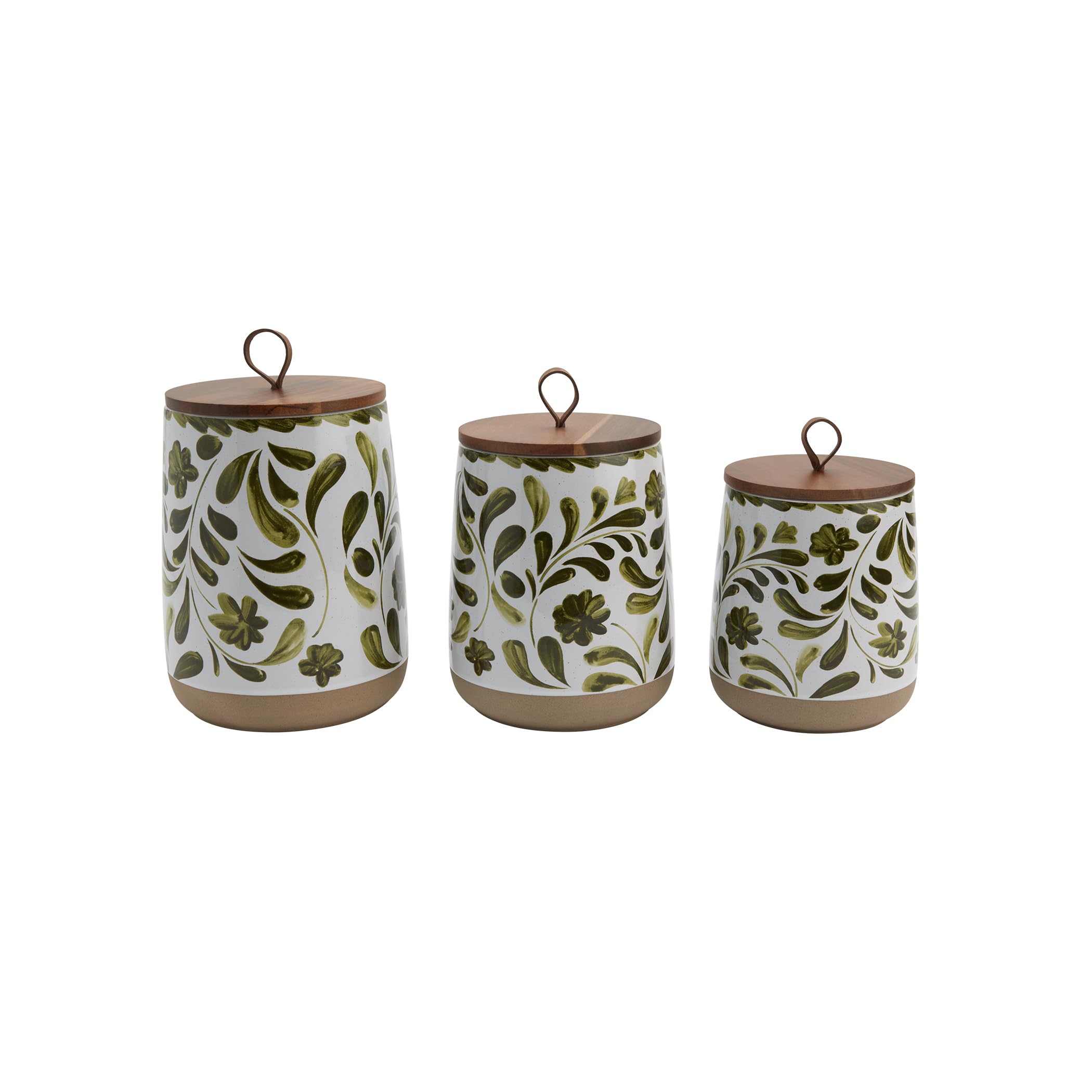 TTU Tabletops Gallery Ceramic Canister Collection- Stoneware Designed Kitchen Storage Acacia Wood White Set, 3 Piece Green Leaf Canister Set