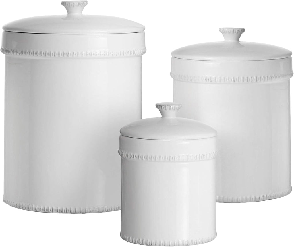 American Atelier Bianca Leaf Canister Set 3-Piece Ceramic Jars in 20oz, 48oz and 80oz Chic Design With Lids for Cookies, Candy, Coffee, Flour, Sugar, Rice, Pasta, Cereal & More,White