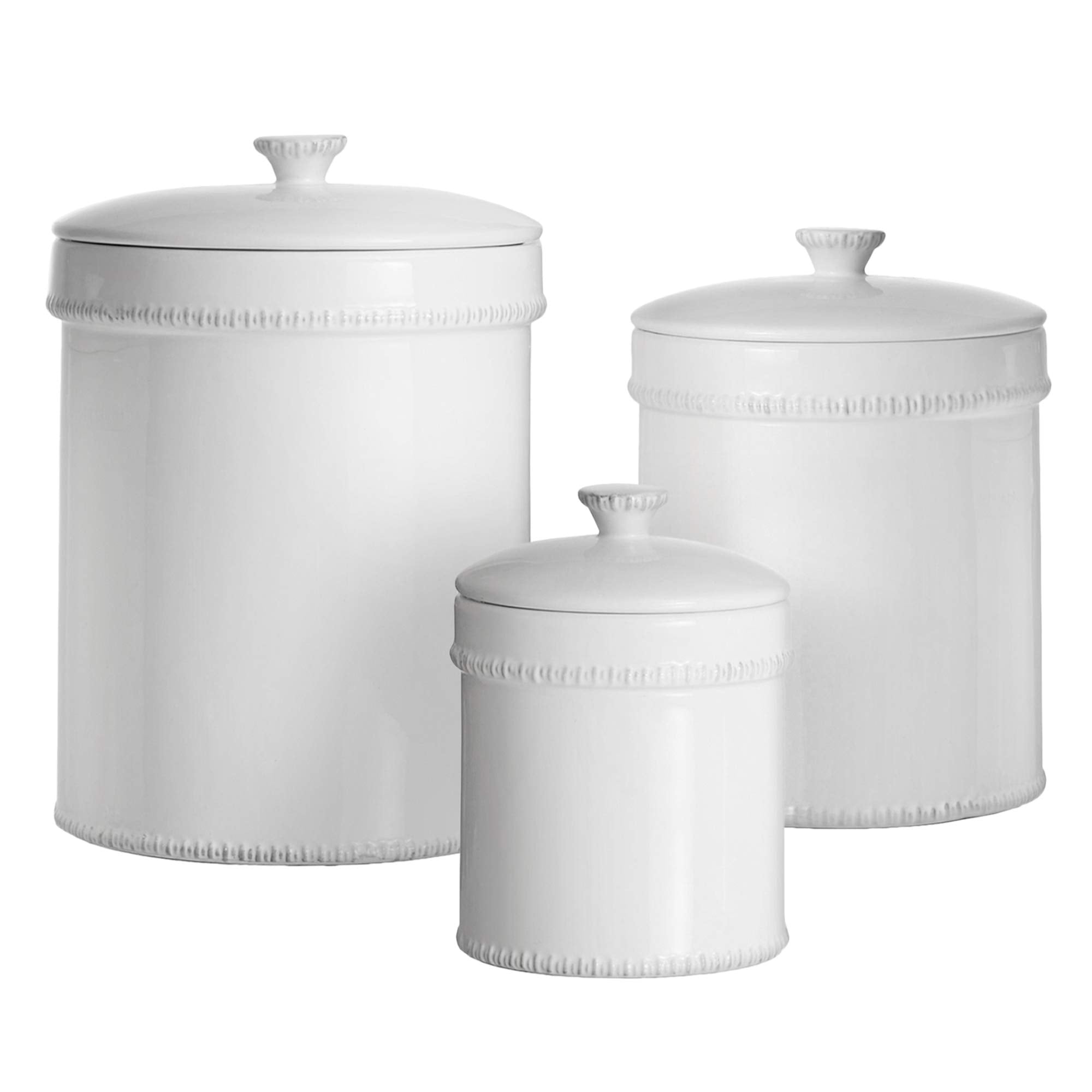 American Atelier Bianca Leaf Canister Set 3-Piece Ceramic Jars in 20oz, 48oz and 80oz Chic Design With Lids for Cookies, Candy, Coffee, Flour, Sugar, Rice, Pasta, Cereal & More,White