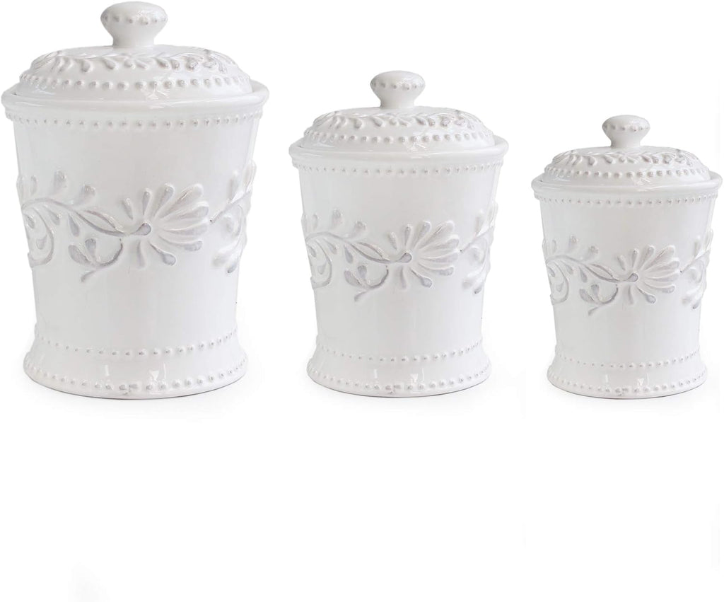 American Atelier Bianca Leaf Canister Set 3-Piece Ceramic Jars in 20oz, 48oz and 80oz Chic Design With Lids for Cookies, Candy, Coffee, Flour, Sugar, Rice, Pasta, Cereal & More,White