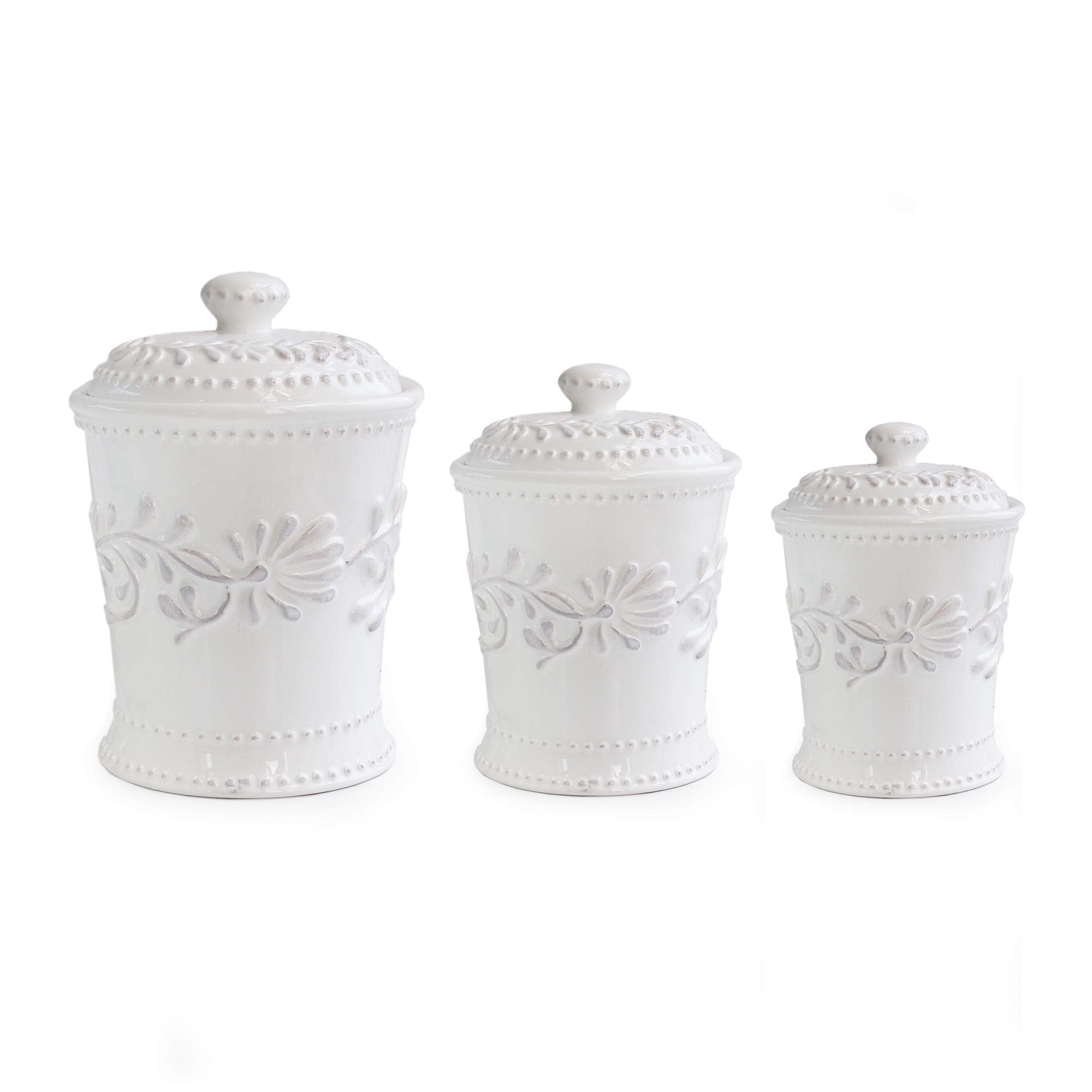 American Atelier Bianca Leaf Canister Set 3-Piece Ceramic Jars in 20oz, 48oz and 80oz Chic Design With Lids for Cookies, Candy, Coffee, Flour, Sugar, Rice, Pasta, Cereal & More,White