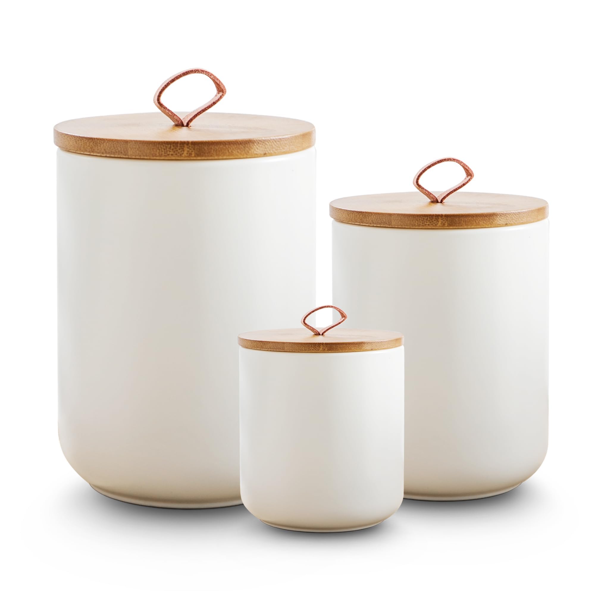 White Ceramic Canister Set for Coffee Tea Sugar, 3-Piece Food Storage Jars with Wood Airtight Lids, Decorative Small Container for Kitchen Pantry Counter - 25oz
