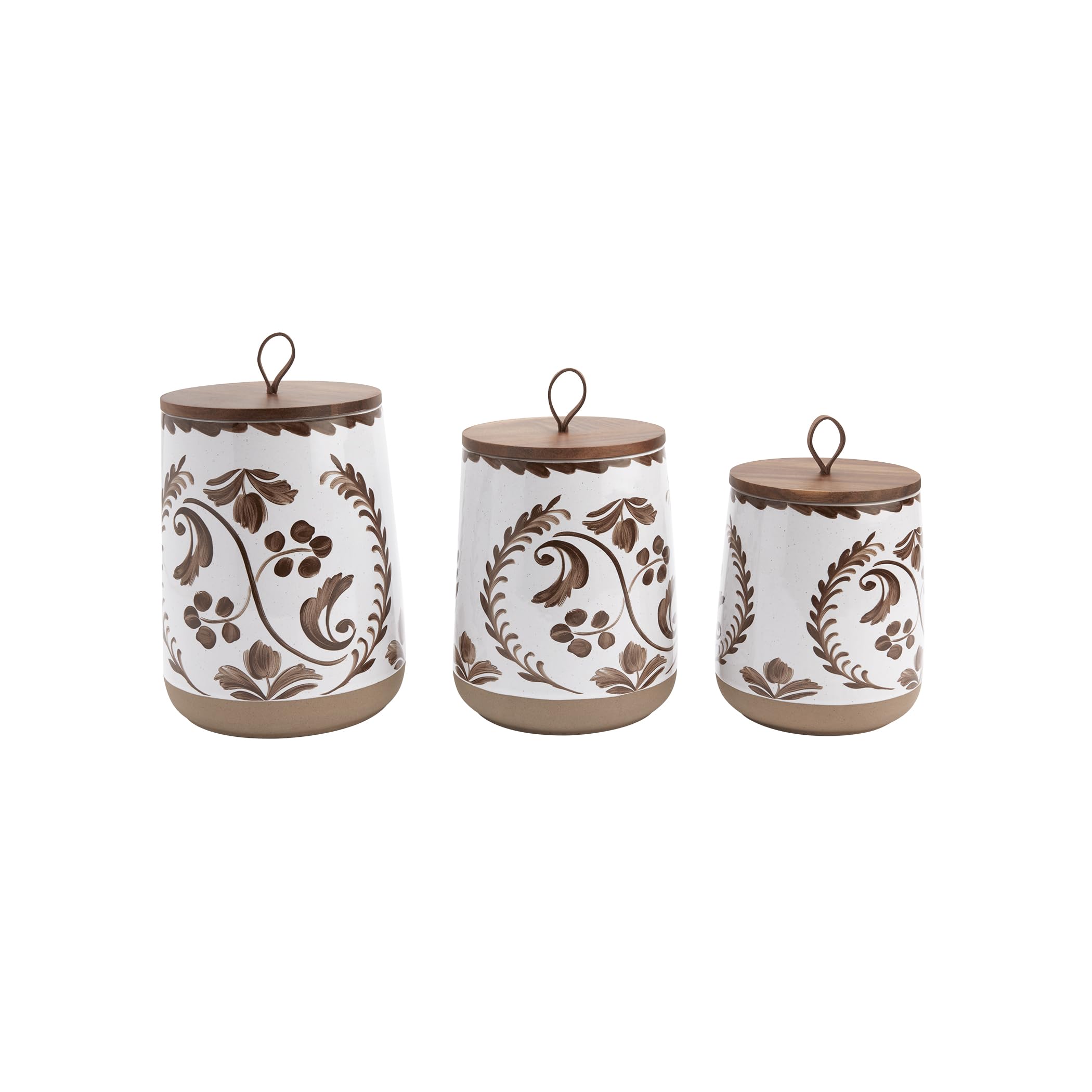 TTU Tabletops Gallery Ceramic Canister Collection- Stoneware Designed Kitchen Storage Acacia Wood White Set, 3 Piece Green Leaf Canister Set