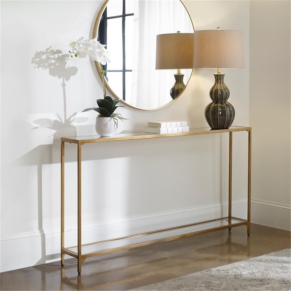 MAKLAINE Contemporary Metal Console Table, 56 in Wide, Mirrored Top with Tempered Glass Shelf, Gold Finish, Slim Modern Design for Foyer or Limited Space Use