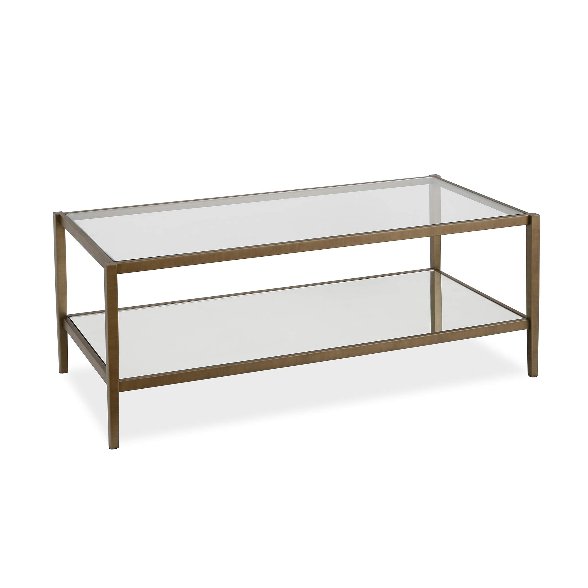 Henn&Hart 64" Wide Rectangular Console Table with Glass Shelf in Brushed Brass, Entryway Table, Accent Table for Living Room, Hallway