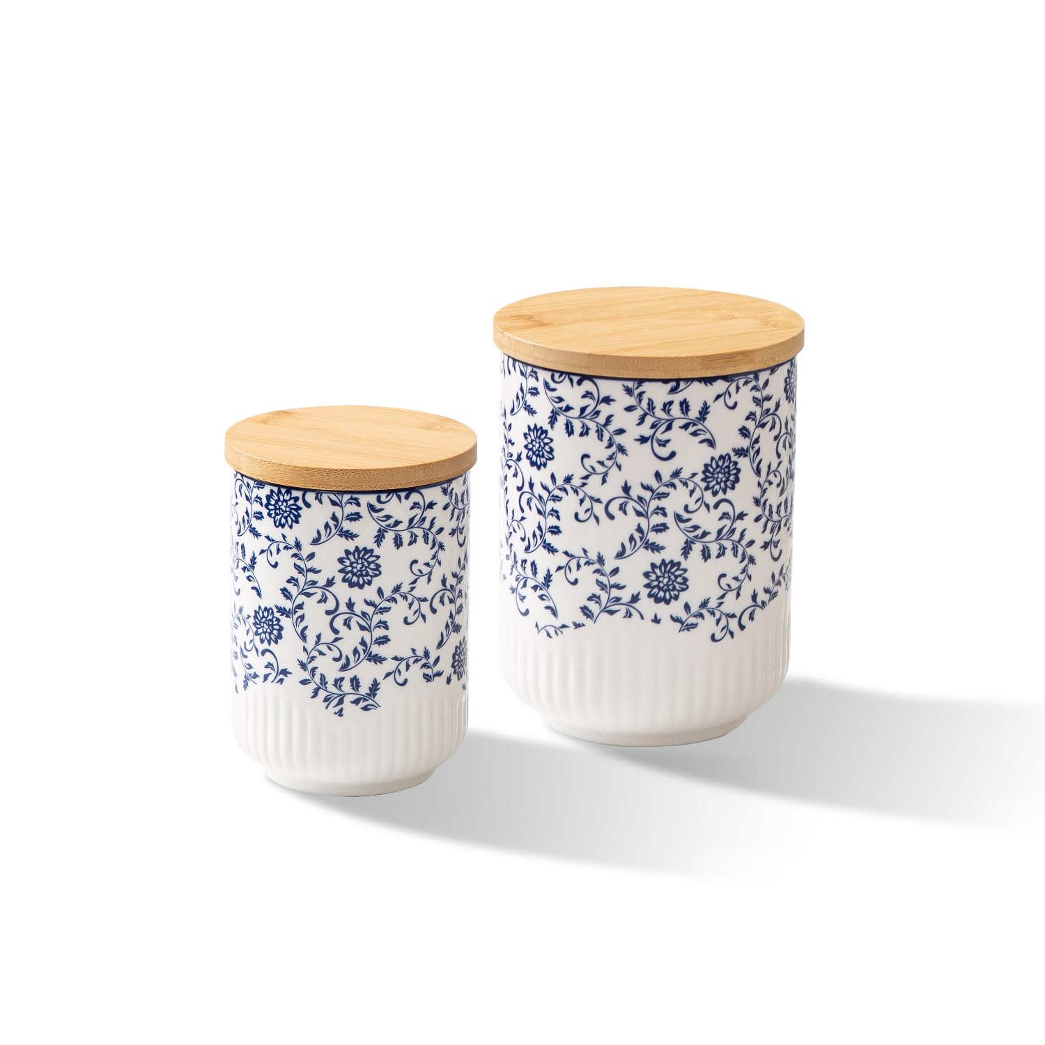 Canisters Sets for Kitchen - Ceramic Kitchen Containers for Countertop with Airtight Wood Lids - Flour and Sugar Containers for Coffee Tea Spice Beans Cookie Jars - Blue Set of 3
