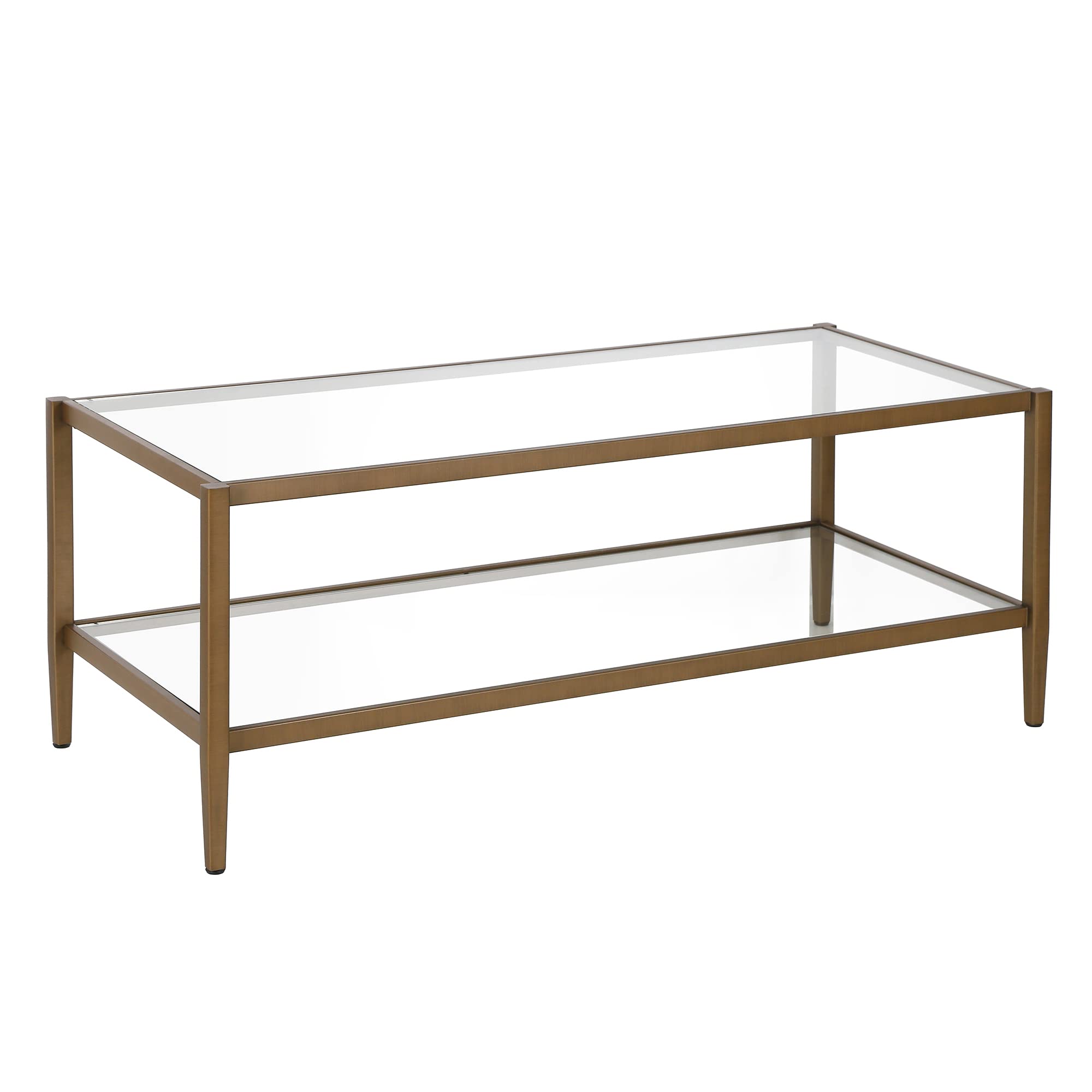 Henn&Hart 64" Wide Rectangular Console Table with Glass Shelf in Brushed Brass, Entryway Table, Accent Table for Living Room, Hallway