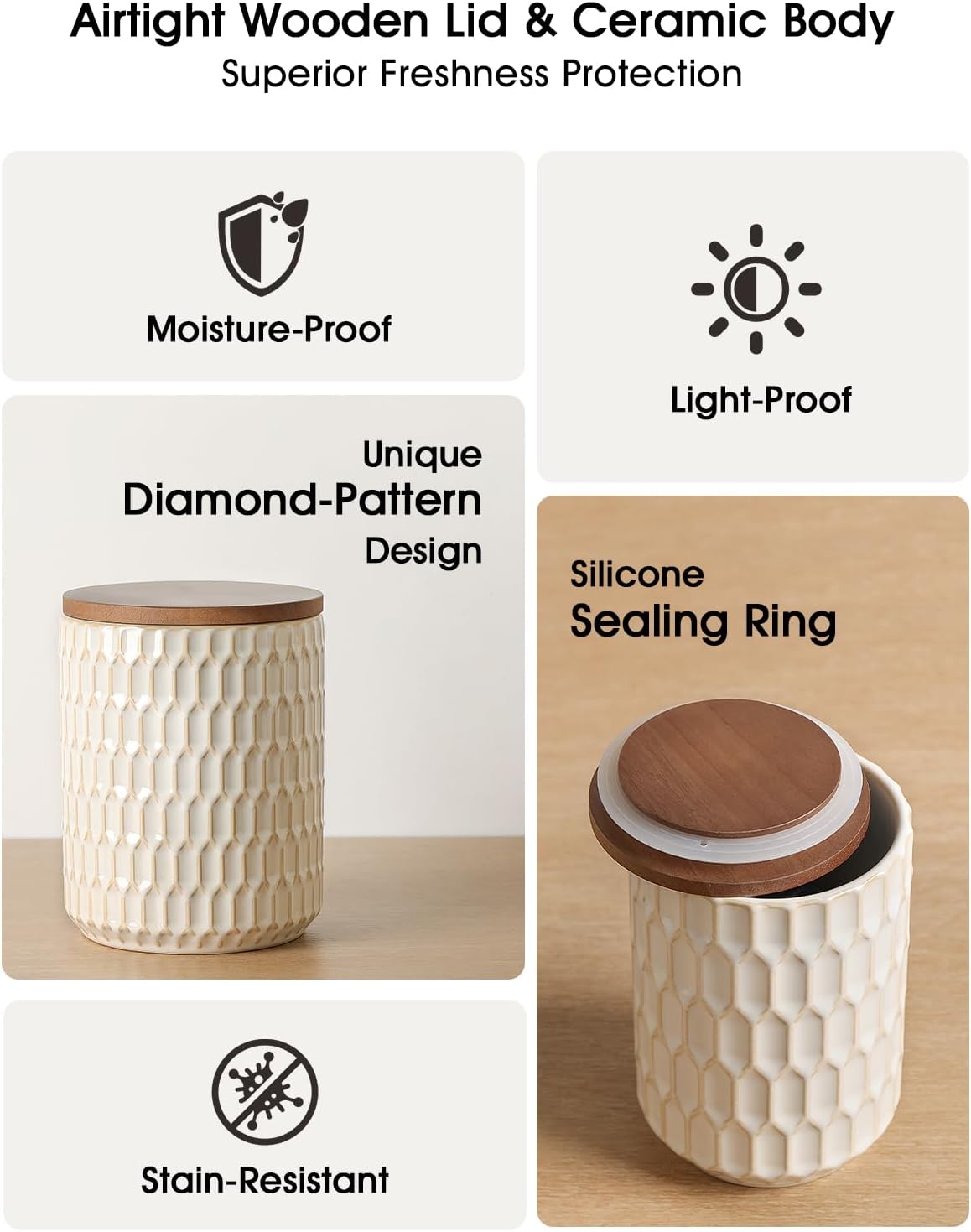 Ceramic Canisters Sets for the Kitchen, Flour Sugar Storage Containers, Diamond-Patterned Design, Coffee Canister with Airtight Lid for Counter Spice and Food (White Sets of 2)