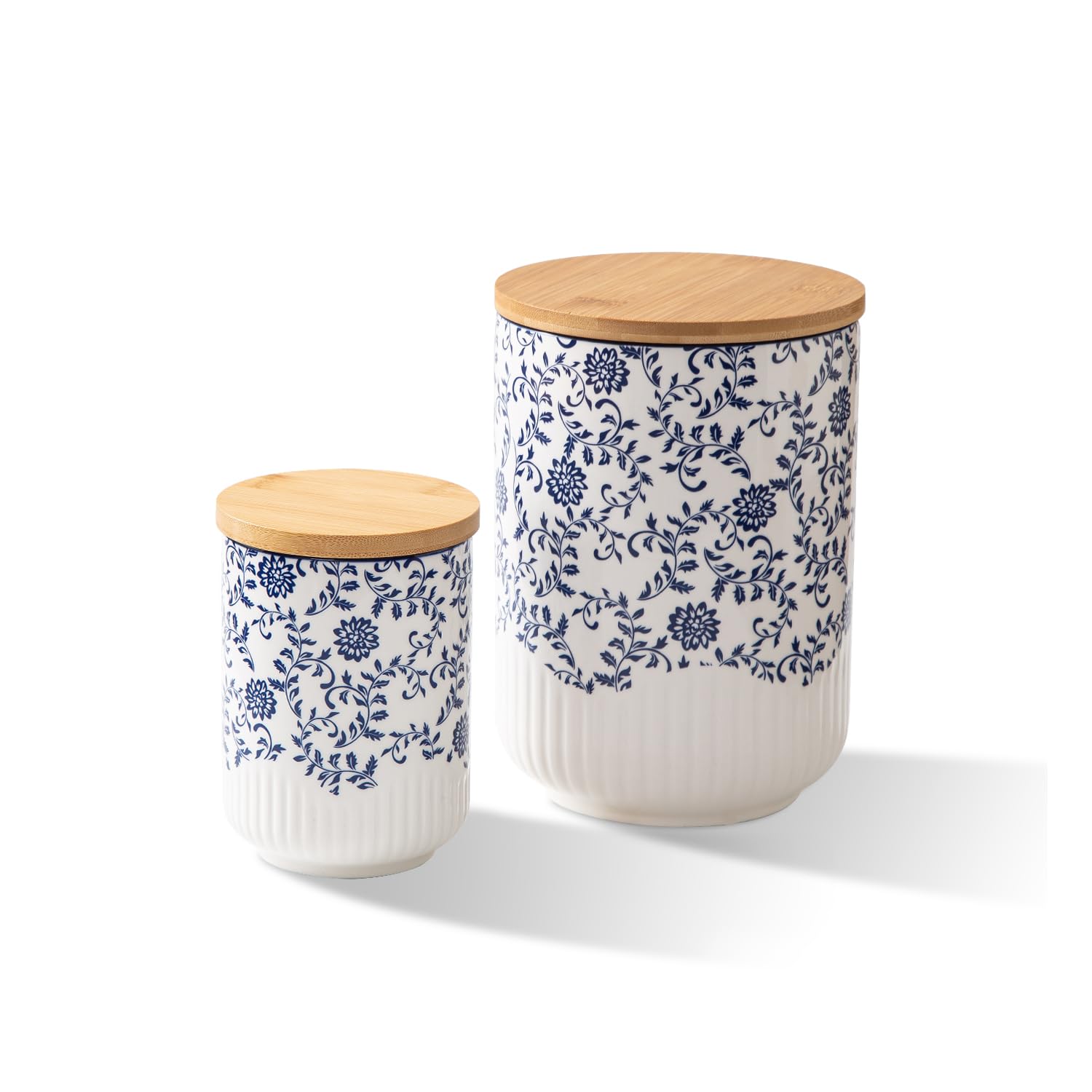 Canisters Sets for Kitchen - Ceramic Kitchen Containers for Countertop with Airtight Wood Lids - Flour and Sugar Containers for Coffee Tea Spice Beans Cookie Jars - Blue Set of 3