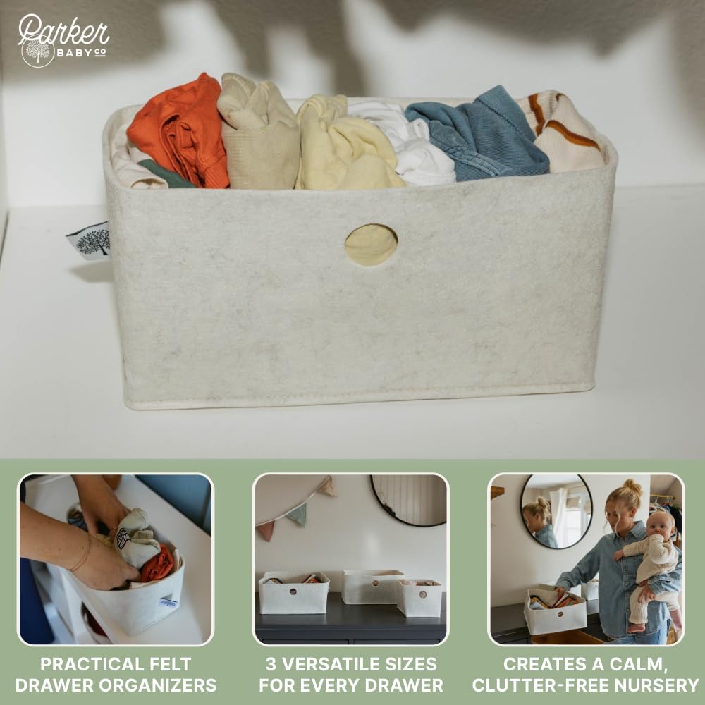Parker Baby Felt Drawer Organizers 3 Pack | Versatile & Sturdy Nursery Organizers for Drawers | Extra-Durable and Collapsible Soft Felt Drawer Storage Bins w/Soft Edges | Heathered White, 3 Pack