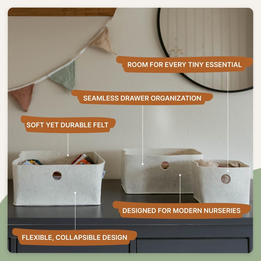 Parker Baby Felt Drawer Organizers 3 Pack | Versatile & Sturdy Nursery Organizers for Drawers | Extra-Durable and Collapsible Soft Felt Drawer Storage Bins w/Soft Edges | Heathered White, 3 Pack