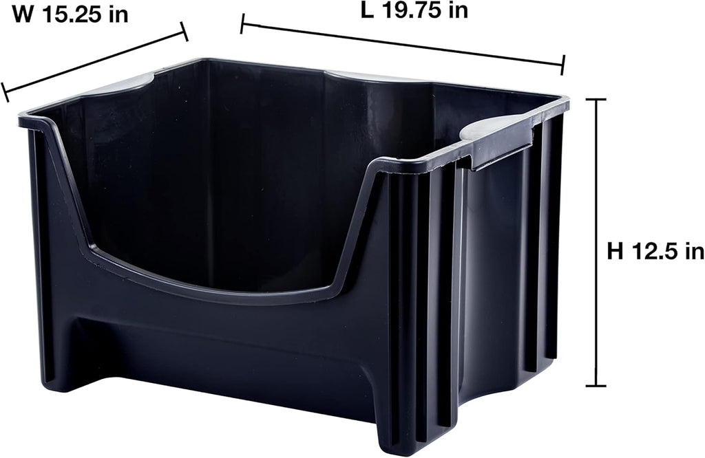 Mighty Tuff Jumbo Stackable Storage Bins, Pack of 3, Easy-Access Storage, Large Easy-to-Grip Handles, Wide Front Opening, Interlocking, Stack Vertically, Black