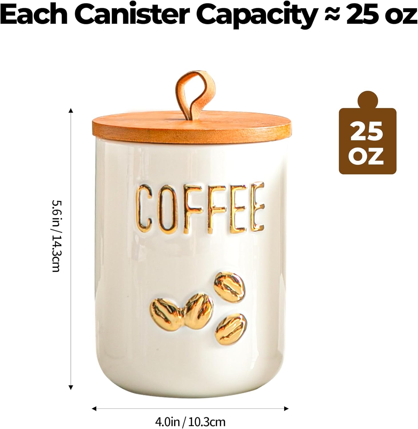 White Ceramic Canister Set for Coffee Tea Sugar, 3-Piece Food Storage Jars with Wood Airtight Lids, Decorative Small Container for Kitchen Pantry Counter - 25oz