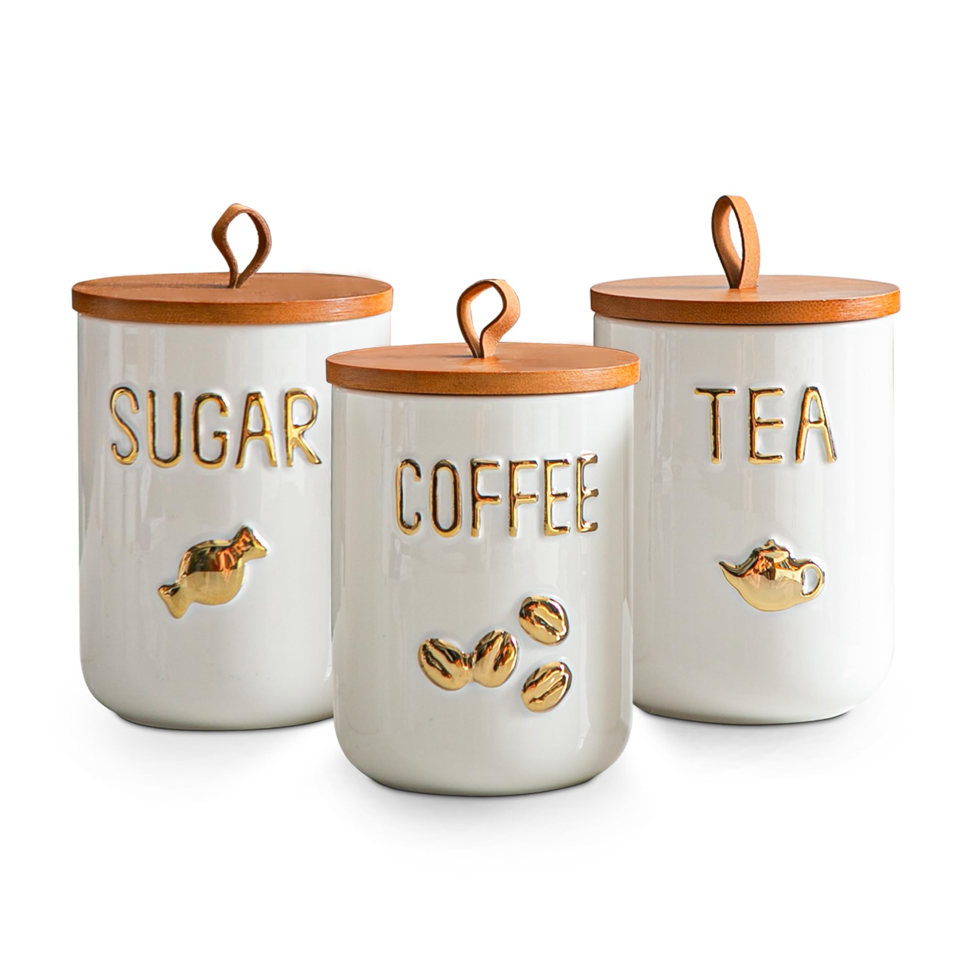White Ceramic Canister Set for Coffee Tea Sugar, 3-Piece Food Storage Jars with Wood Airtight Lids, Decorative Small Container for Kitchen Pantry Counter - 25oz