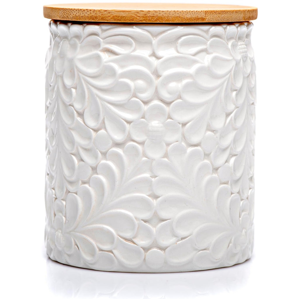 Engraved Design Kitchen Canisters Set of 3 with 74 Oz, 36 Oz, and 18 Oz - White Storage Jars for Countertop with Airtight Bamboo Lids - Large Flour Tea Coffee Sugar Spices Container - Decorative