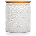 Engraved Design Kitchen Canisters Set of 3 with 74 Oz, 36 Oz, and 18 Oz - White Storage Jars for Countertop with Airtight Bamboo Lids - Large Flour Tea Coffee Sugar Spices Container - Decorative