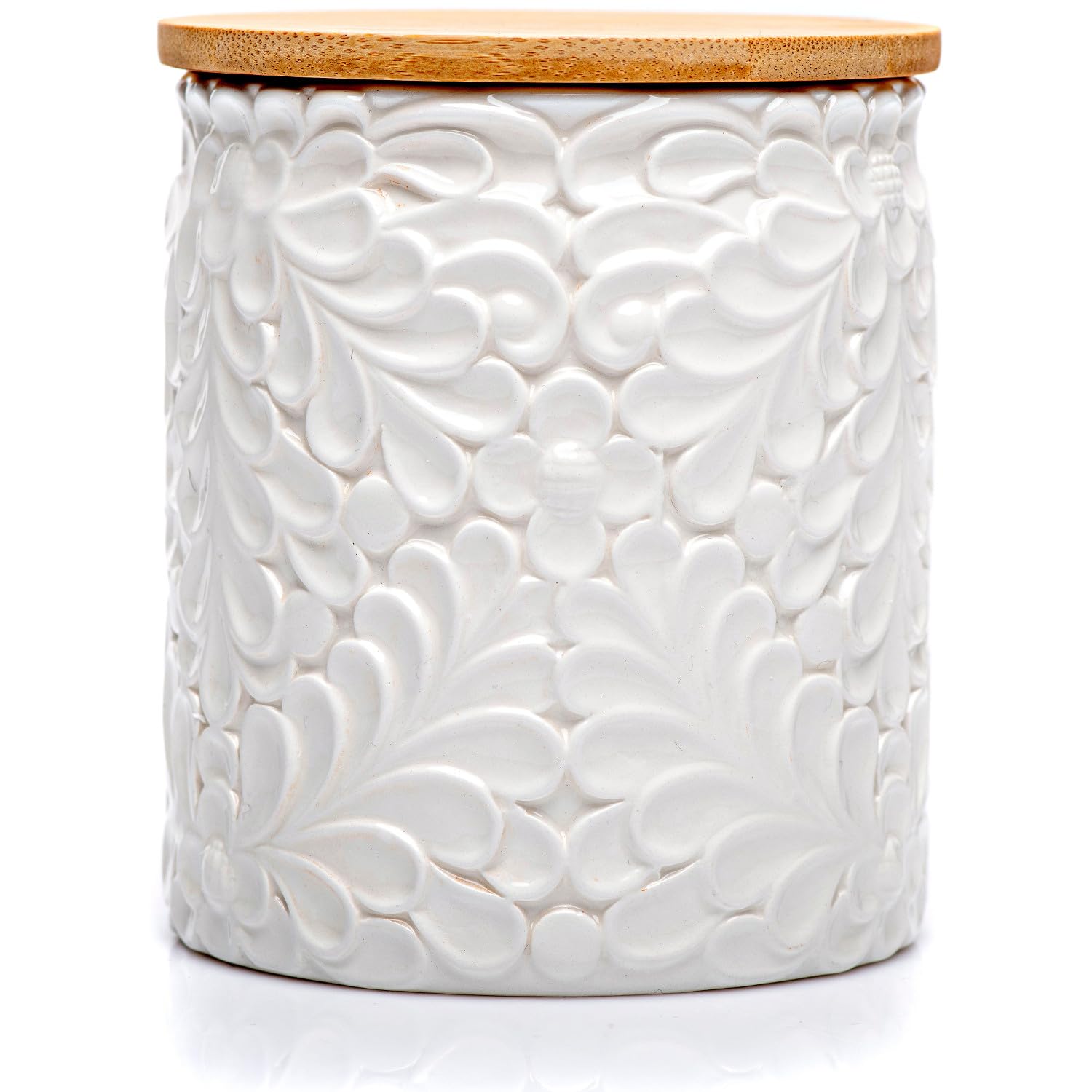 Engraved Design Kitchen Canisters Set of 3 with 74 Oz, 36 Oz, and 18 Oz - White Storage Jars for Countertop with Airtight Bamboo Lids - Large Flour Tea Coffee Sugar Spices Container - Decorative