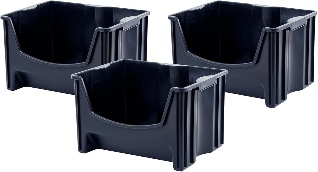 Mighty Tuff Jumbo Stackable Storage Bins, Pack of 3, Easy-Access Storage, Large Easy-to-Grip Handles, Wide Front Opening, Interlocking, Stack Vertically, Black