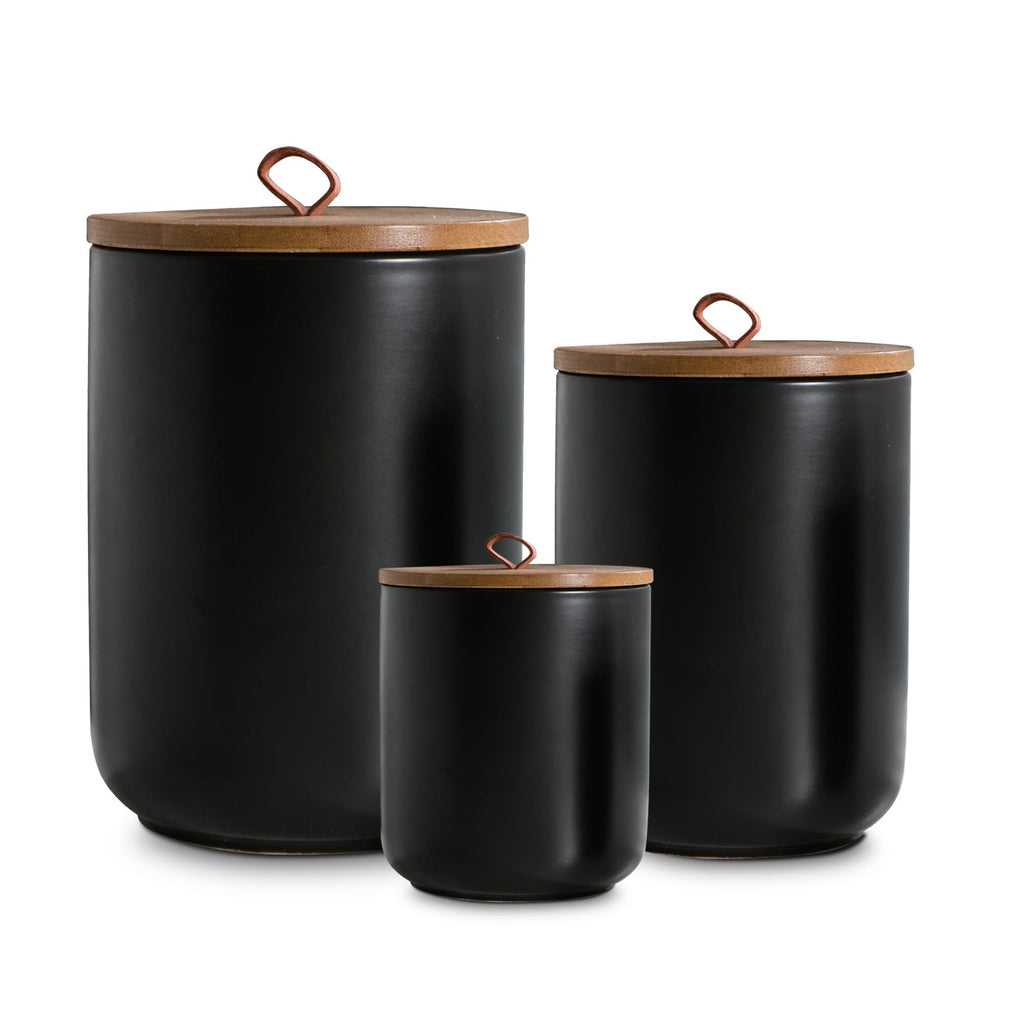 White Ceramic Canister Set for Coffee Tea Sugar, 3-Piece Food Storage Jars with Wood Airtight Lids, Decorative Small Container for Kitchen Pantry Counter - 25oz