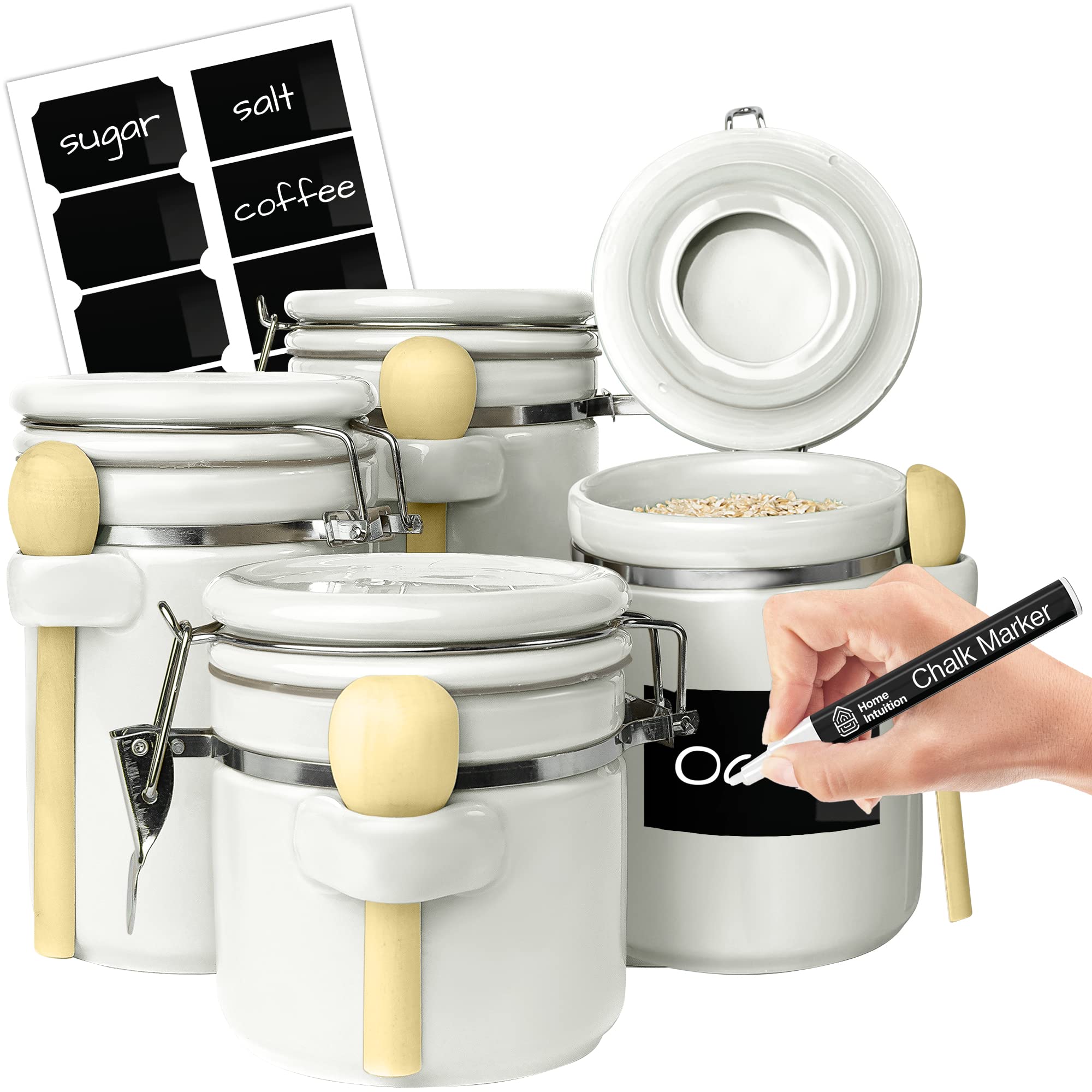 Home Intuition 4-Piece Ceramic Kitchen Canisters Set, Airtight Containers with Wooden Spoons Reusable Chalk Labels and Marker for Sugar, Coffee, Flour, Tea (Mint)