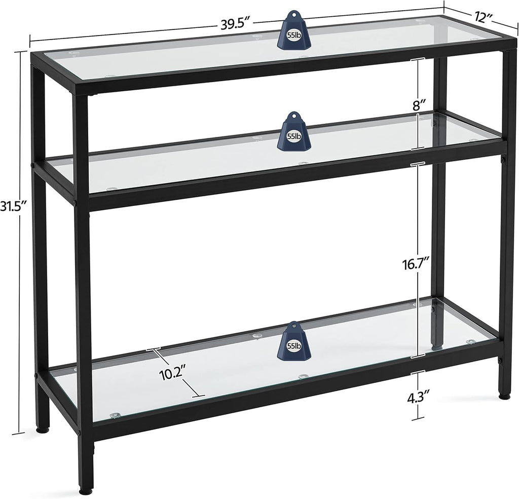 Yaheetech 39.5" Console Table with 3 Storage Shelves,Tempered Glass Sofa Table, Modern Entryway Tables with Metal Frame for Hallway Living Room Bedroom, Easy Assembly, Black