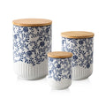 Canisters Sets for Kitchen - Ceramic Kitchen Containers for Countertop with Airtight Wood Lids - Flour and Sugar Containers for Coffee Tea Spice Beans Cookie Jars - Blue Set of 3