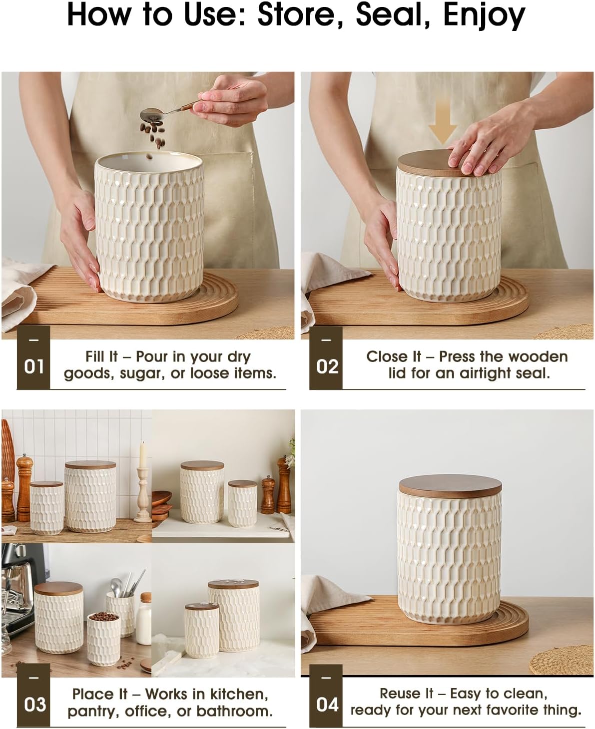 Ceramic Canisters Sets for the Kitchen, Flour Sugar Storage Containers, Diamond-Patterned Design, Coffee Canister with Airtight Lid for Counter Spice and Food (White Sets of 2)