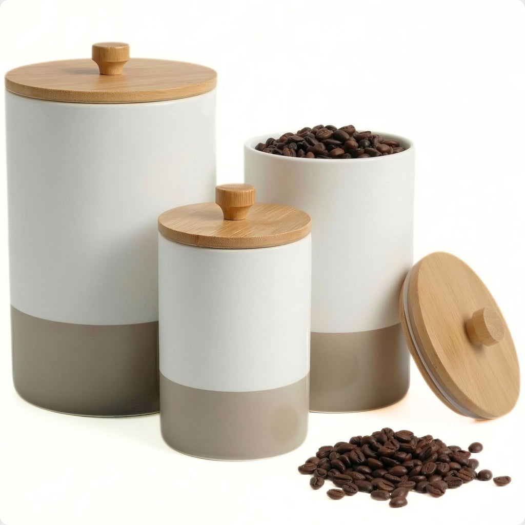 Ceramic Kitchen Canisters for Countertop Set of 3 with Airtight Bamboo Lids - White & Beige Kitchen Canisters with Airtight Lids - Flour Sugar Canister Set - Flour and Sugar Containers Farmhouse
