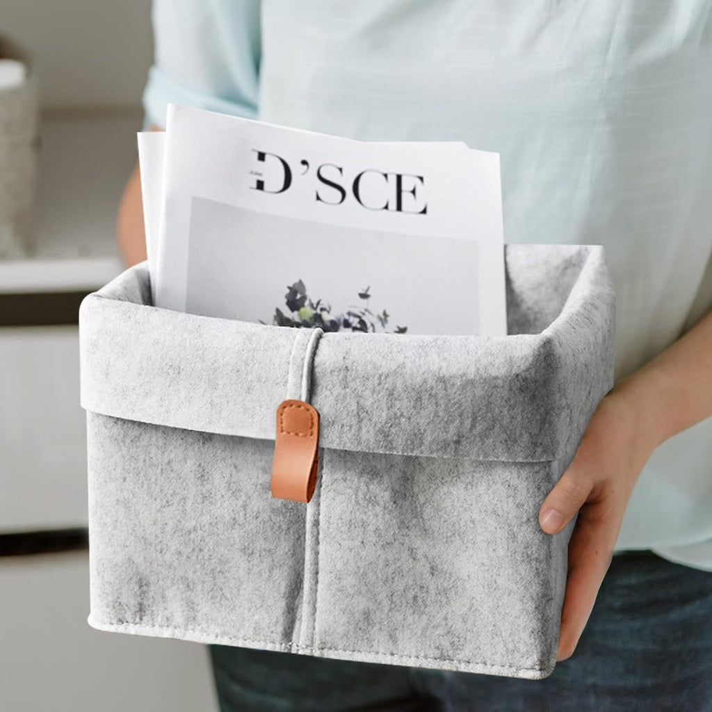 Felt Storage Basket, Folded Closet Storage Bins Large Capacity Cube Storage Bin with Hanger, Multifuctional Storage Bins for Shelves, Clothing, Books, Shoes (light gray)