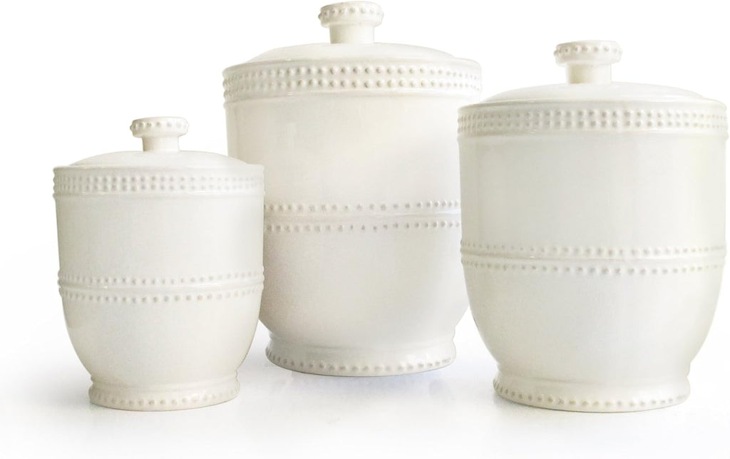 American Atelier Bianca Leaf Canister Set 3-Piece Ceramic Jars in 20oz, 48oz and 80oz Chic Design With Lids for Cookies, Candy, Coffee, Flour, Sugar, Rice, Pasta, Cereal & More,White