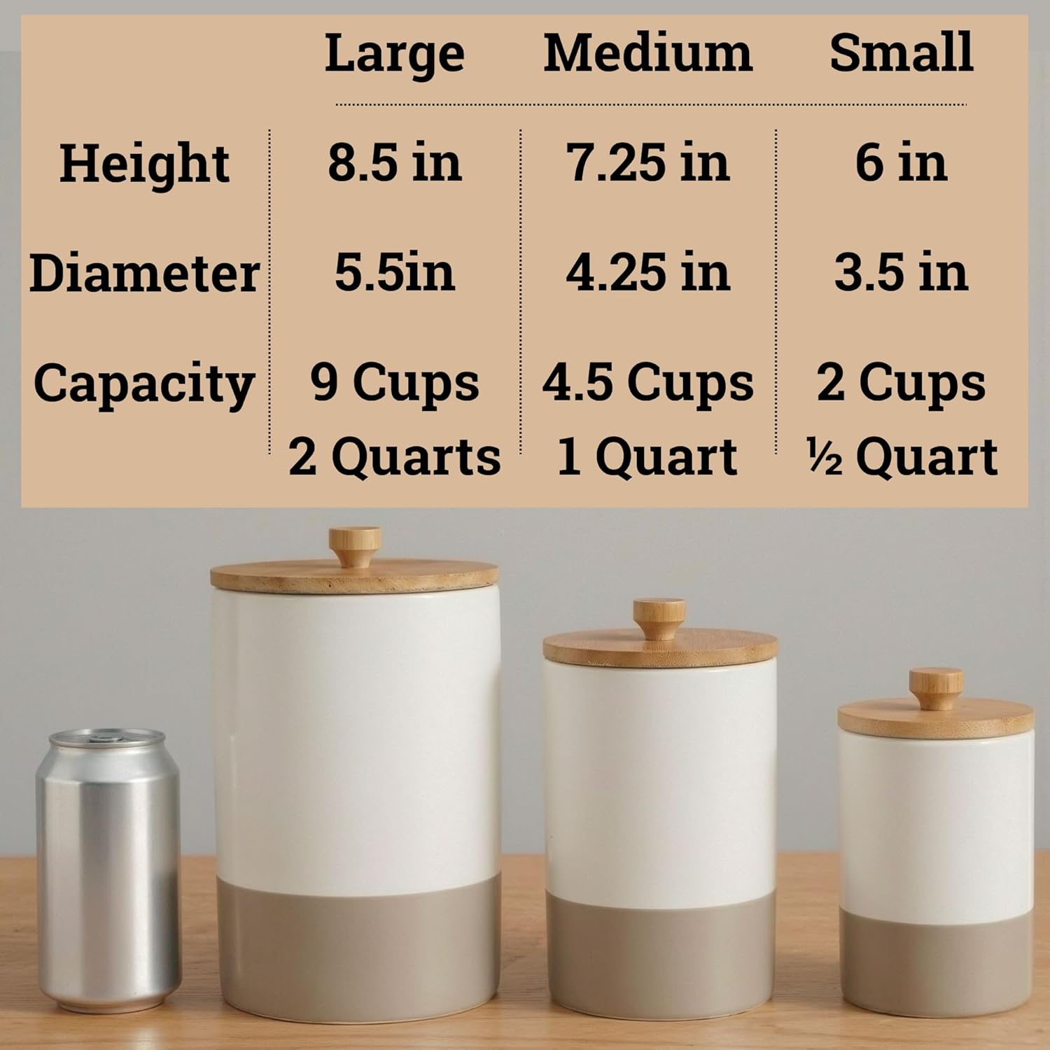 Ceramic Kitchen Canisters for Countertop Set of 3 with Airtight Bamboo Lids - White & Beige Kitchen Canisters with Airtight Lids - Flour Sugar Canister Set - Flour and Sugar Containers Farmhouse