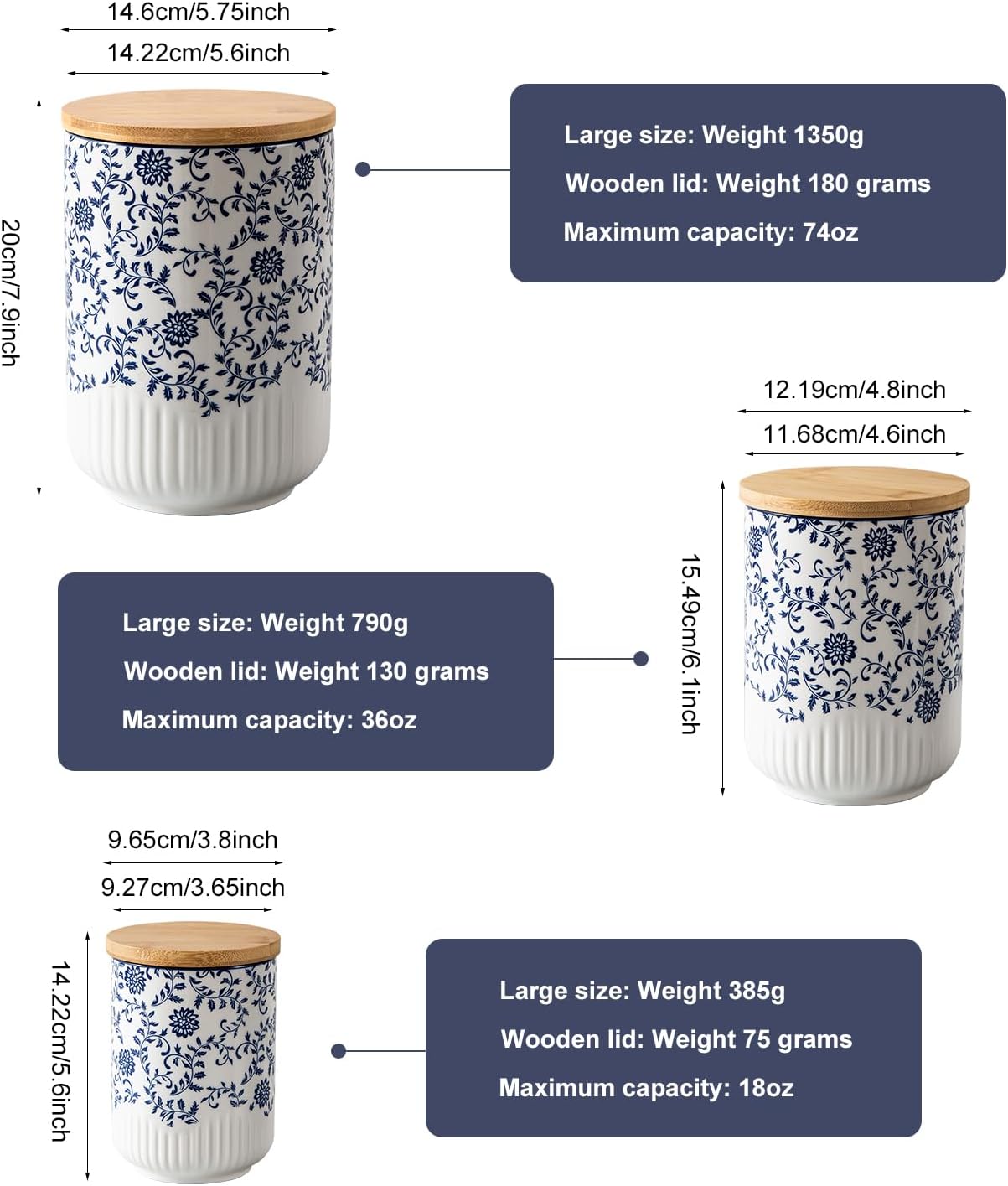 Canisters Sets for Kitchen - Ceramic Kitchen Containers for Countertop with Airtight Wood Lids - Flour and Sugar Containers for Coffee Tea Spice Beans Cookie Jars - Blue Set of 3