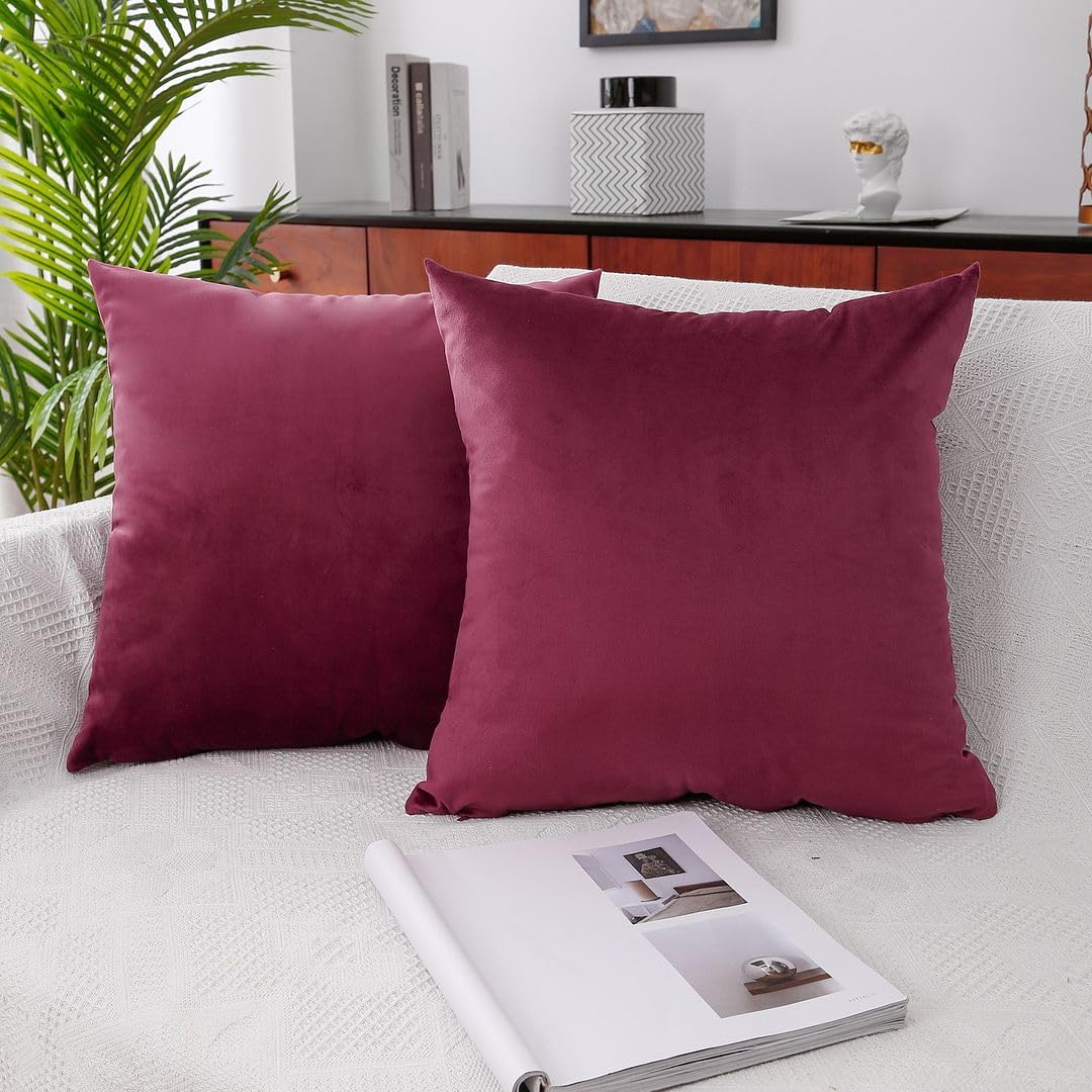MoonRest - Pack of 2, Velvet Decorative Throw Pillow Filled with Synthetic Down Alternative, Cozy Soft with Hidden Zipper - Solid Color for Sofa Bedroom Couch 26 x 26 Burgundy
