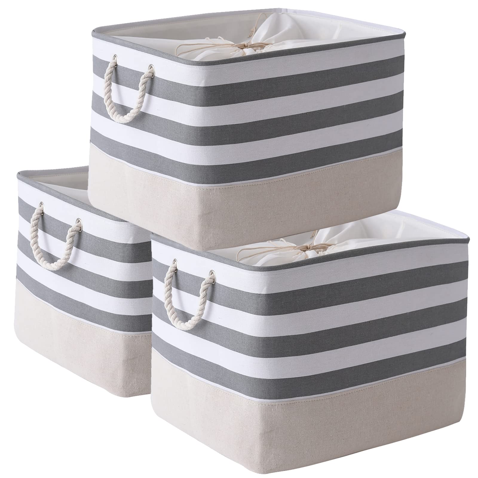 TheWarmHome Storage Basket for Organizing - 15.7x11.8x8.2 inch Large 3 Pack Collapsible Storage Bins for Shelves, Fabric Storage Cubes for Gift Closet Linen Organization (White & Grey)
