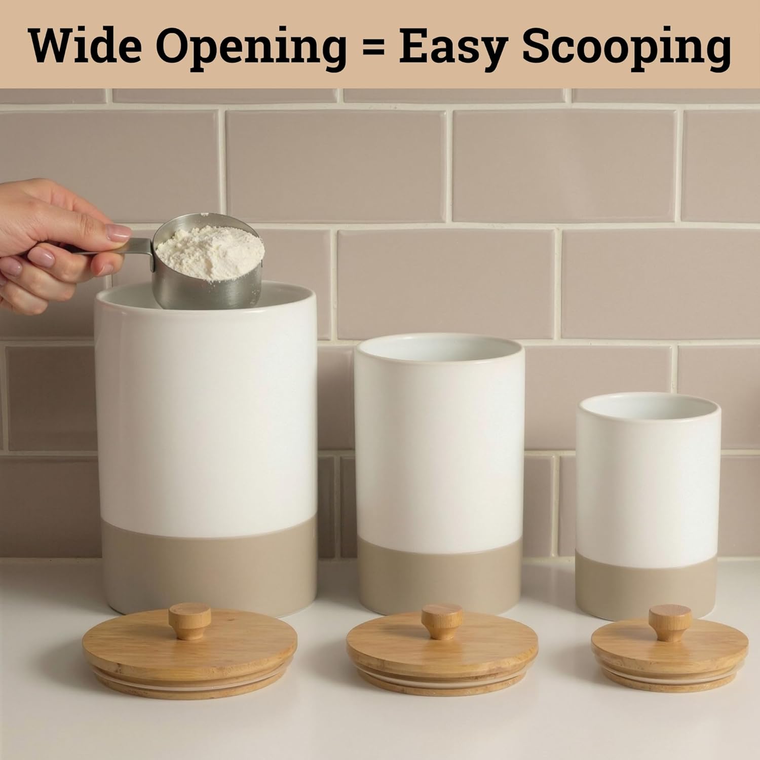 Ceramic Kitchen Canisters for Countertop Set of 3 with Airtight Bamboo Lids - White & Beige Kitchen Canisters with Airtight Lids - Flour Sugar Canister Set - Flour and Sugar Containers Farmhouse