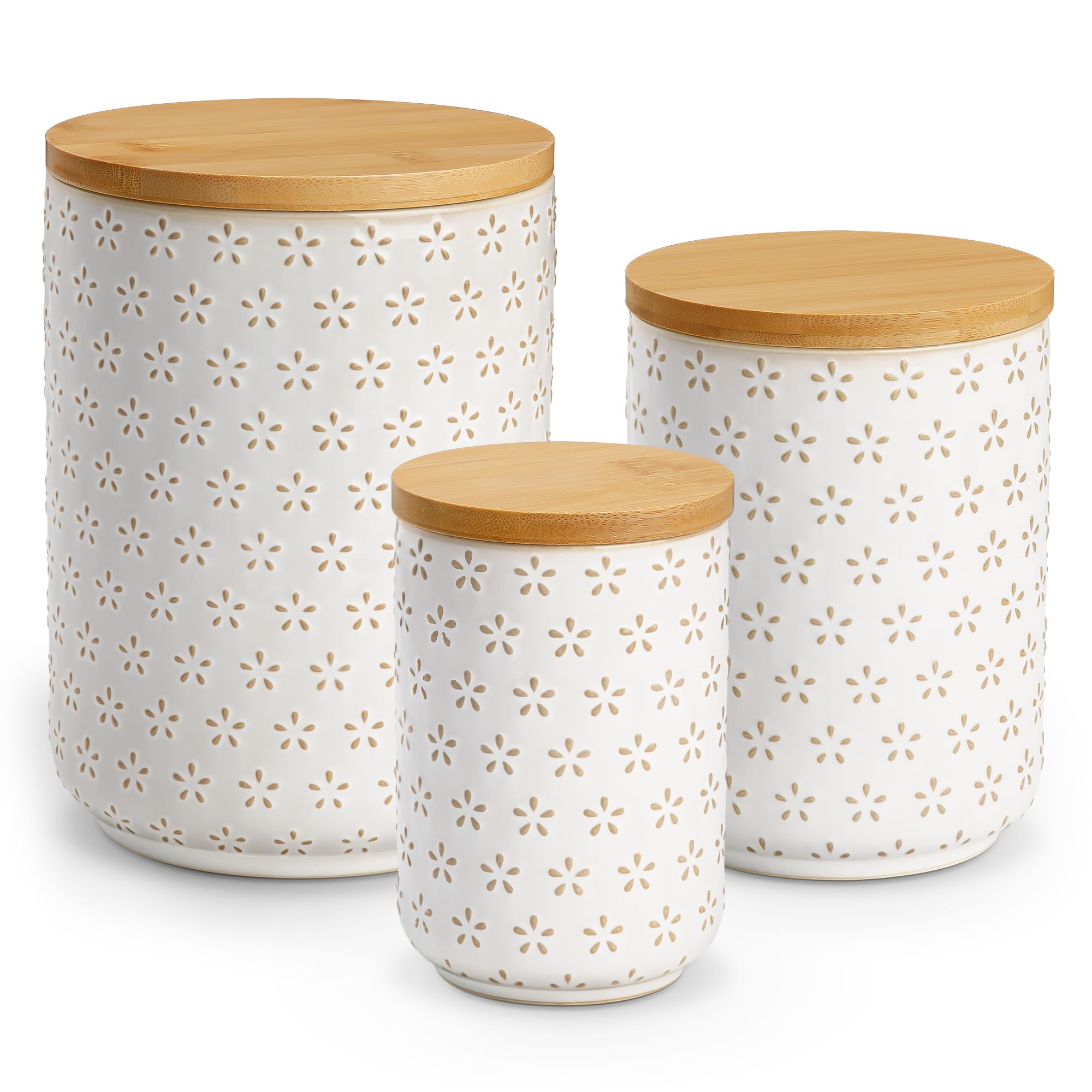 MALACASA LYDIA Ceramic Canisters Set with Airtight Lids, 80/40/20 oz Coffee Canisters Sets for the Kitchen, Large Jars for Flour, Sugar, Pasta, Coffee, Cookies, Tea - Set of 3, Five-Leaf Grass