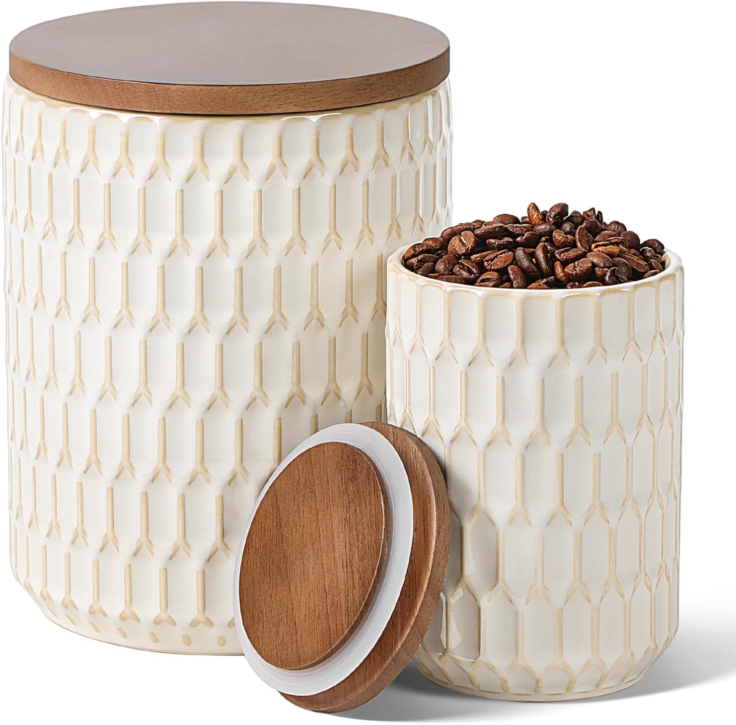 Ceramic Canisters Sets for the Kitchen, Flour Sugar Storage Containers, Diamond-Patterned Design, Coffee Canister with Airtight Lid for Counter Spice and Food (White Sets of 2)