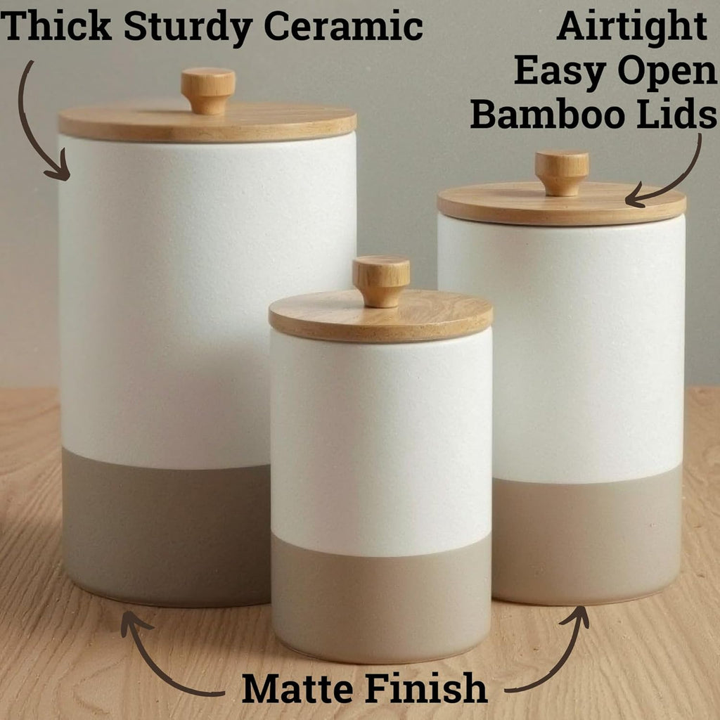 Ceramic Kitchen Canisters for Countertop Set of 3 with Airtight Bamboo Lids - White & Beige Kitchen Canisters with Airtight Lids - Flour Sugar Canister Set - Flour and Sugar Containers Farmhouse