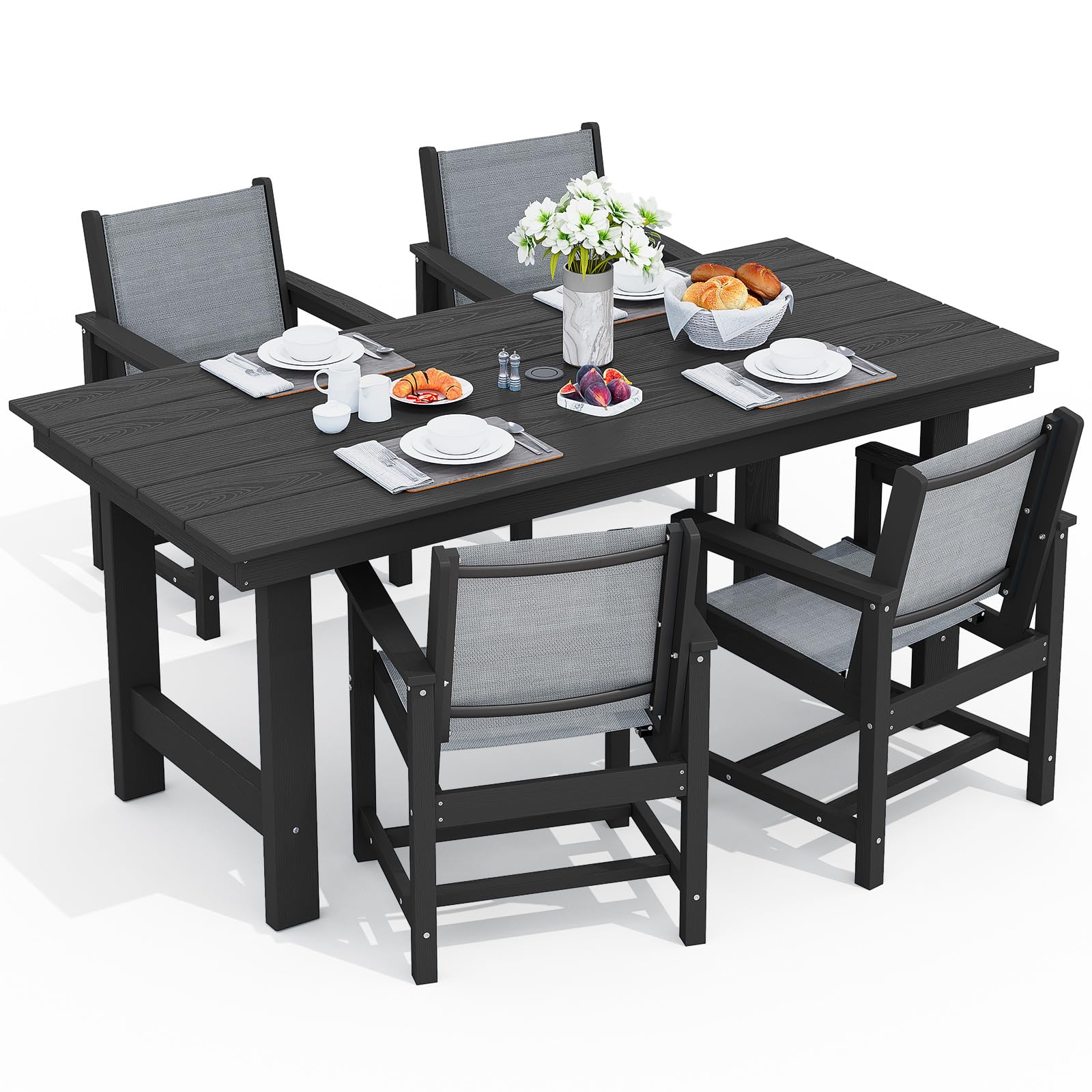SERWALL Outdoor HDPE Dining Table Set, 7-Piece Outdoor Dining Table Sets with Umbrella Hole Cut-Out Table and 6 Chairs, Gray
