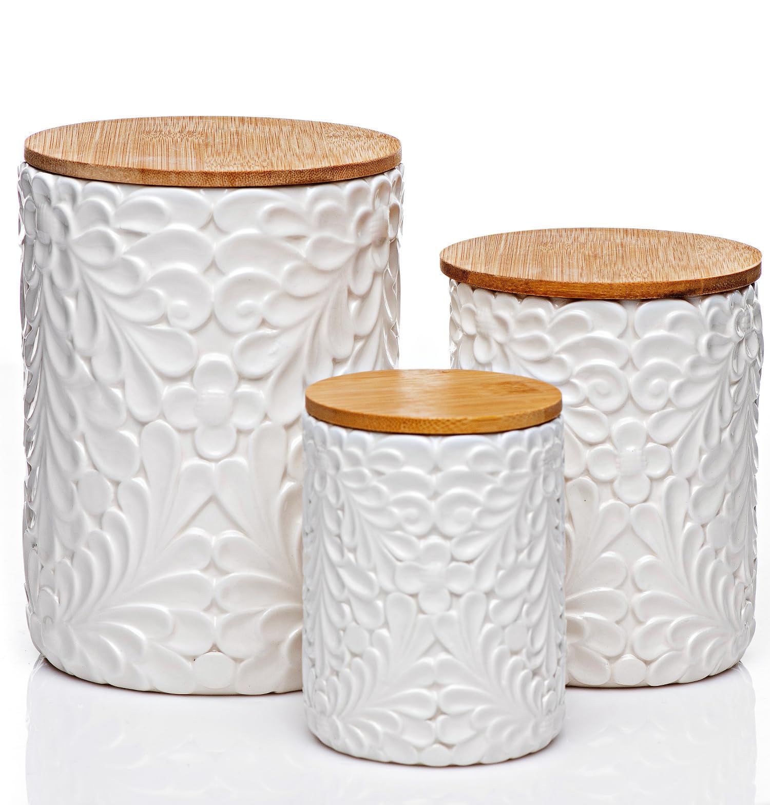 Engraved Design Kitchen Canisters Set of 3 with 74 Oz, 36 Oz, and 18 Oz - White Storage Jars for Countertop with Airtight Bamboo Lids - Large Flour Tea Coffee Sugar Spices Container - Decorative